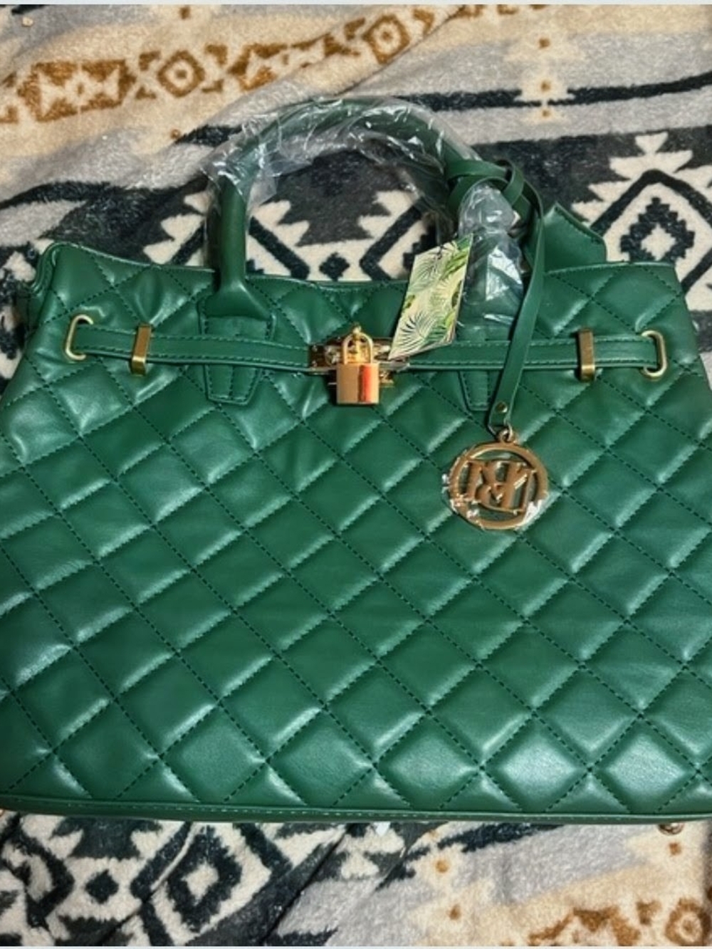 Badgley Mischka Emerald Quilted Top-Handle Satchel with Gold Hardware